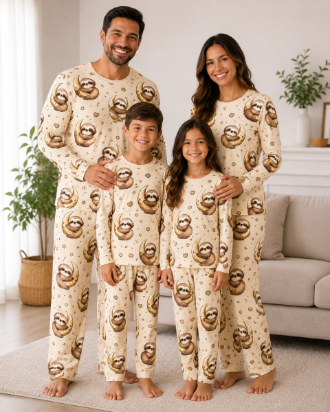 PIJAMA ADULTO OU INFANTIL FAMILIA ESTAMPA BICHO PREGUIÇA