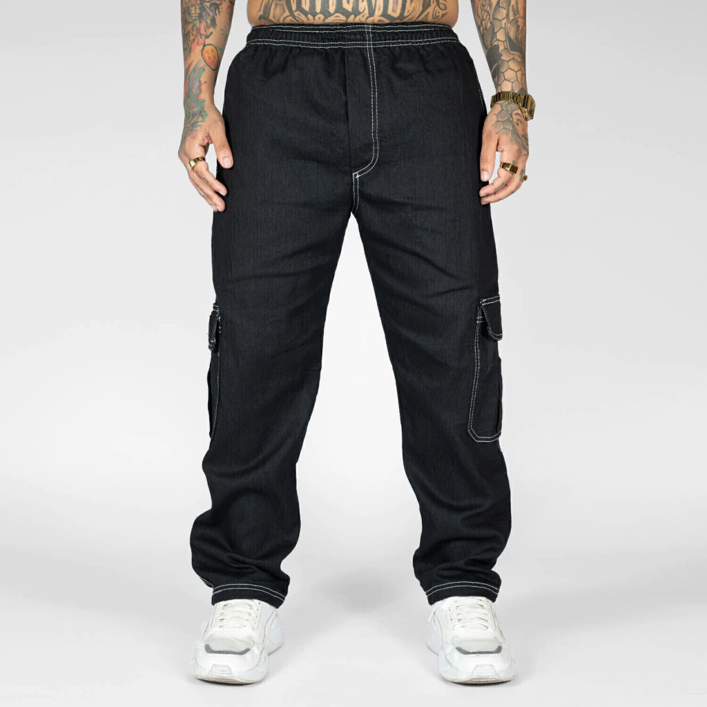 Calça Jeans Cargo Preta com Costura Branca