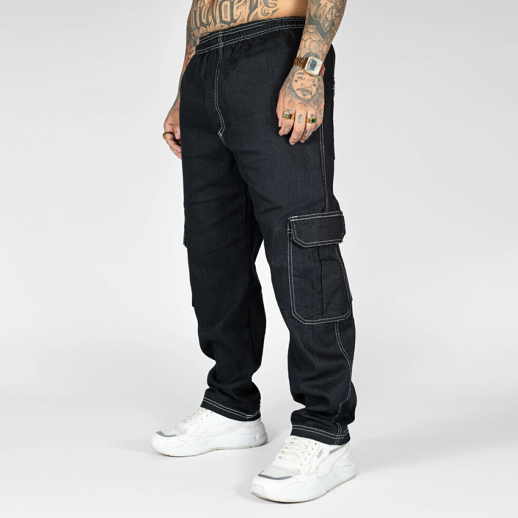 Calça Jeans Cargo Preta com Costura Branca