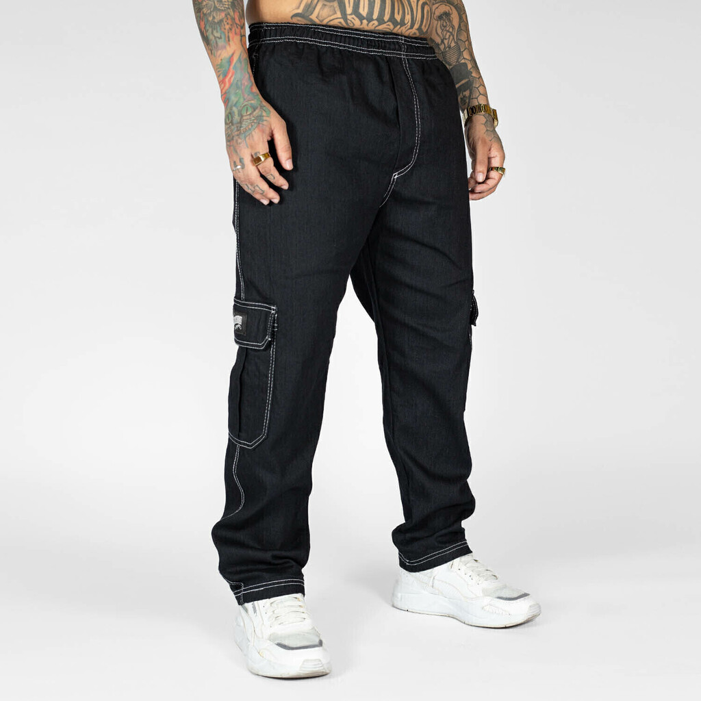 Calça Jeans Cargo Preta com Costura Branca