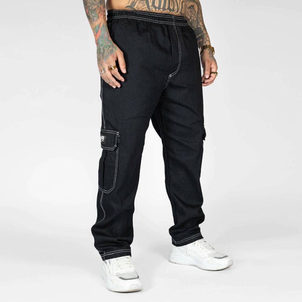 Calça Jeans Cargo Preta com Costura Branca