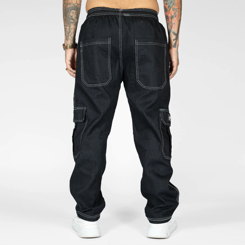Calça Jeans Cargo Preta com Costura Branca
