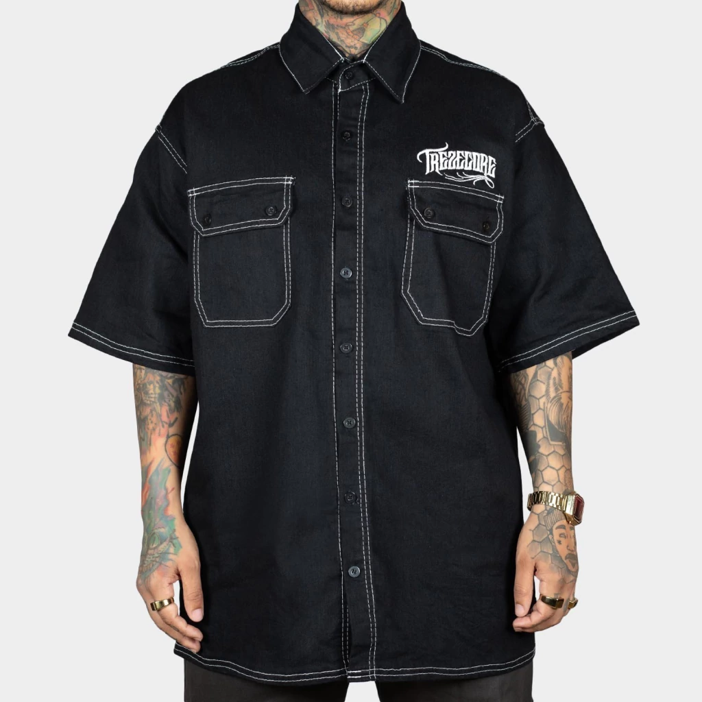 Camisa Work Shirt Jeans Preta com Costura Branca