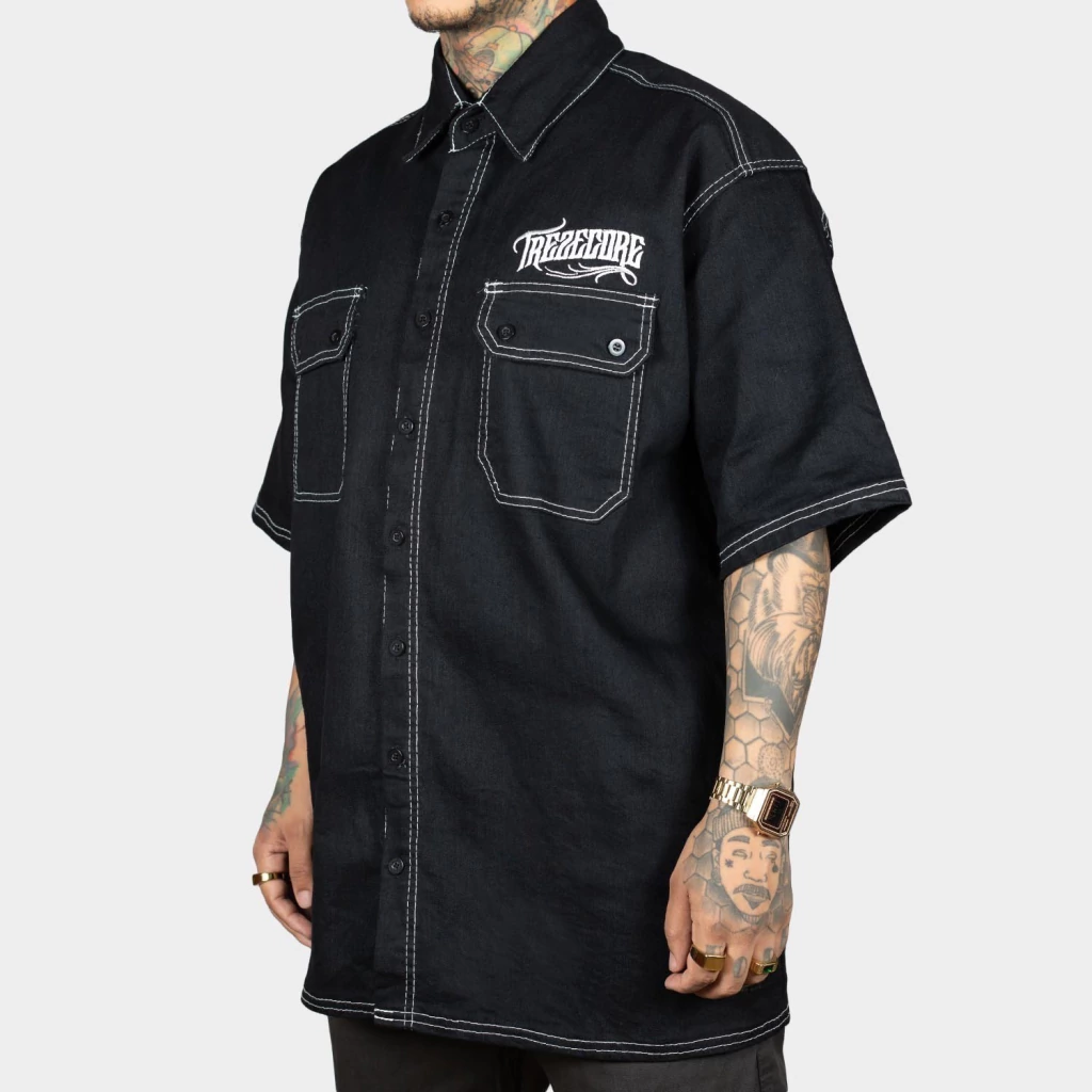 Camisa Work Shirt Jeans Preta com Costura Branca