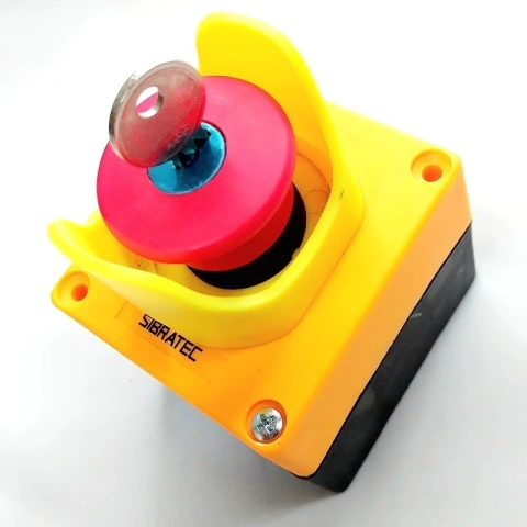 Botoeira Plástica Amarela C/ Botão Emergência Chave 2nf Proteção P20-PA