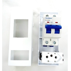 Caixa Sobrepor c/ Disjuntor Bipolar + Tomada 2P+T 20A Margirius - Eletrotécnica Vera Cruz