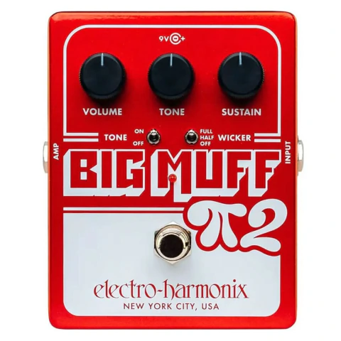 Pedal fuzz Electro-Harmonix Big Muff Pi 2 con controles Volume, Tone y Sustain, interruptores Tone y Wicker, color rojo y blanco