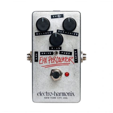 Pedal Electro-Harmonix EHX Percolator de fuzz y saturación armónica con controles Balance, Harmonics y Bias, selector Drive/Fuzz y footswitch, diseño metálico con texto rojo y etiquetas negras