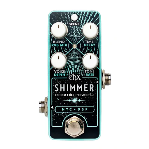 Pedal Electro-Harmonix Pico Shimmer Cosmic Reverb compacto con cuatro perillas blancas y diseño espacial negro y turquesa