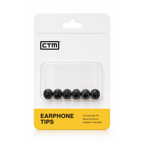 Puntas de repuesto para auriculares In-Ear Monitor CTM Flexy Tips negras en empaque blanco con detalle amarillo
