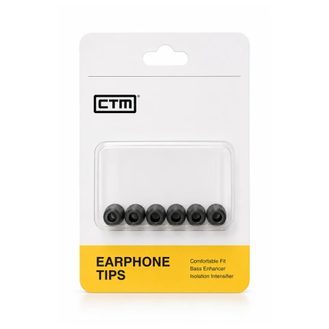 Puntas de espuma negras para auriculares In-Ear Monitor CTM en empaque transparente con fondo blanco y etiqueta amarilla