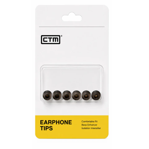 Puntas de silicona negras para auriculares In-Ear Monitor CTM, presentadas en blister con seis unidades de distintos tamaños