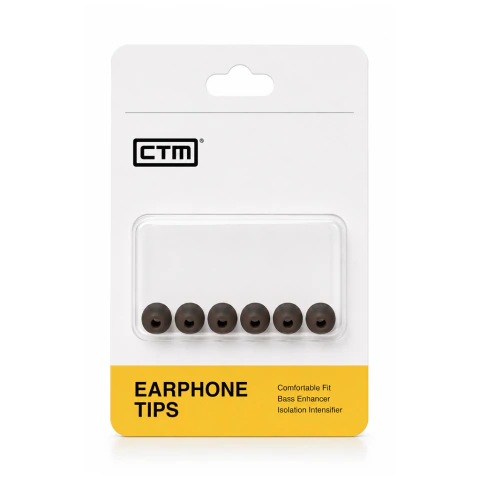 Puntas de silicona negras CTM Flexy Tips para auriculares In-Ear Monitor en empaque blanco y amarillo