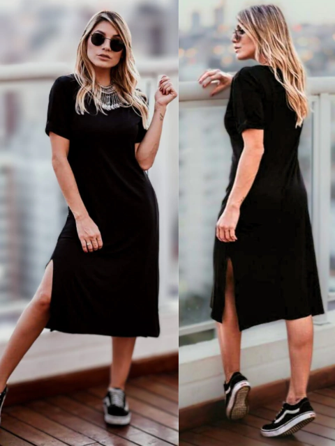 vestido midi preto com fendas laterais 