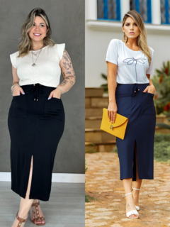 saia comprimento midi cintura alta com bolsos e fenda frontal 