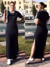 vestido longo manga curta com fenda na lateral gola redonda preto básico malha premium