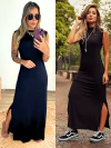 vestido longo regata preto gola média fendas laterais 