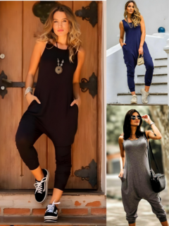 macacão feminino saruel regata com bolsos preto cinza escuro e azul marinho