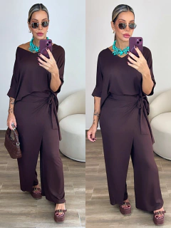 conjunto feminino calça envelope marrom 