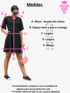 vestido manga curta modelagem evasê com bolsos preto comprimento acima do joelho 