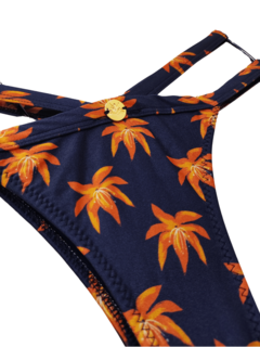 biquíni azul marinho estampa laranja bojo removível calcinha fechada