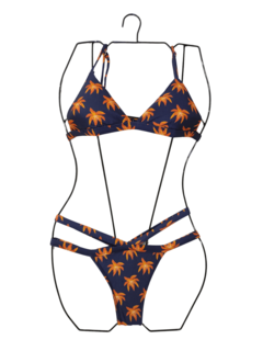 biquíni azul marinho estampa laranja bojo removível calcinha fechada