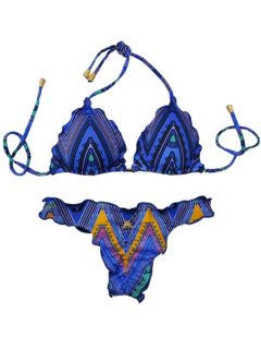 Conjunto de biquíni azul com estampas geométricas coloridas, incluindo sutiã e parte de baixo empina bumbum ripple