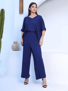 conjunto feminino calça envelope blusa gola v manga curta  azul marinho