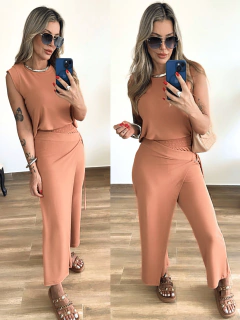 conjunto feminino calça pantacourt pareô e regata em moletinho tecido premium 