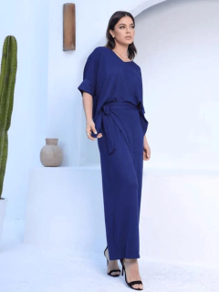 conjunto feminino calça envelope blusa gola v manga curta azul marinho