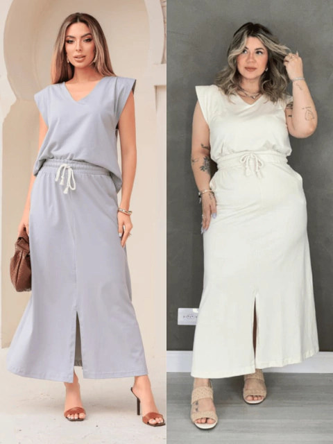 conjunto feminino em algodão saia midi com bolsos e fenda frontal e regata gola v muscle tee