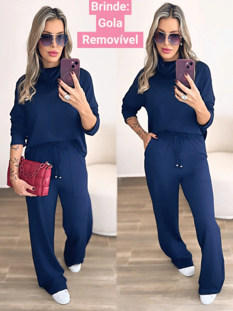 conjunto feminino em moletinho calça pantalona blusa manga longa azul marinho ganhe brinde gola removível 