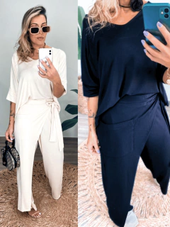conjunto feminino calça envelope blusa gola v manga curta 
