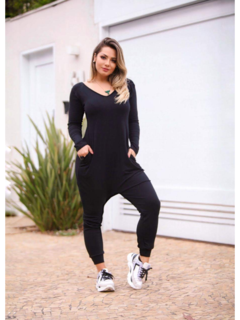 macacão feminino manga longa saruel preto