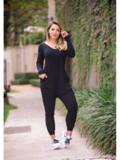 macacão feminino manga longa saruel preto