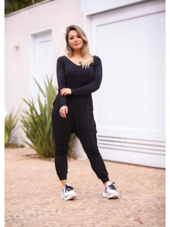 macacão feminino manga longa saruel preto