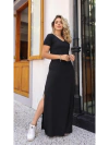 vestido longo preto manga curta gola v com fendas laterais 