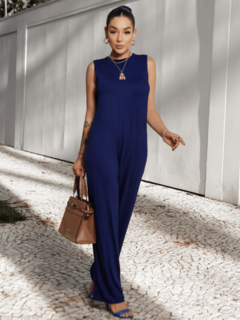 macacão feminino regata calça flare com bolsos azul marinho 