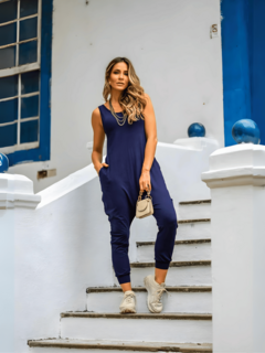 macacão feminino regata saruel azul marinho com bolsos