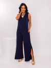 macacão feminino regata calça pantalona com fendas laterais cor azul marinho com bolsos em moletinho gola v 