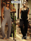 macacão feminino regata calça flare com bolsos alça larga forrado com dois frisos frontais 