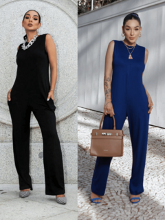 macacão feminino regata calça flare com bolsos azul marinho e preto 