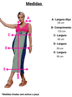 vestido regata comprimento midi tricolor cores: verde, azul marinho e rosa com bolsos 