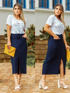 saia comprimento midi cintura alta com bolsos e fenda frontal 