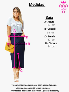 saia comprimento midi cintura alta com bolsos e fenda frontal 
