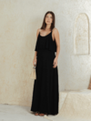 vestido longo preto alcinha alça artesanal cordão rústico com bolsos laterais blusa babado com sobreposição 