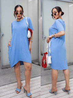 vestido manga curta mullet com bolsos azul tom pastel bebê candy color rendência verão 
