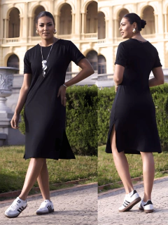 vestido midi preto com fendas laterais 