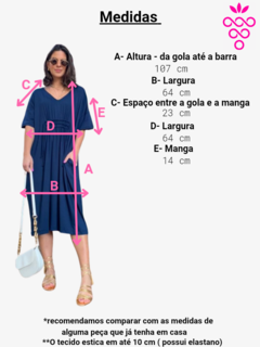 vestido comprimento midi manga curta modelagem ampla gola V com cordão de ajuste na cintura azul marinho 