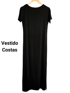 vestido longo manga curta com fenda na lateral gola redonda preto básico malha premium